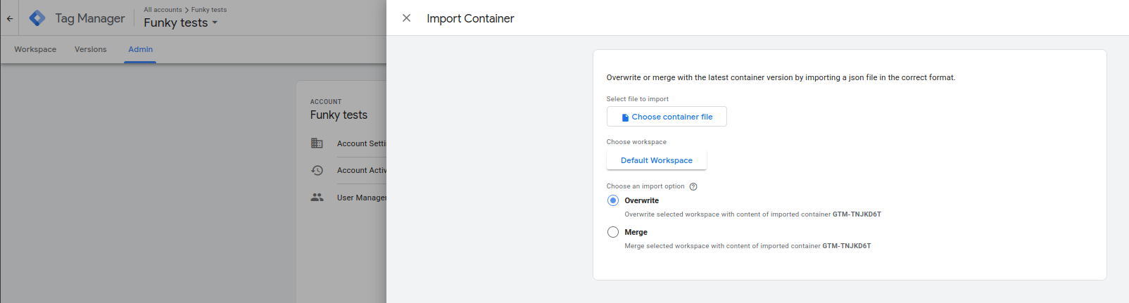 Screenshot showing how to use GTM import container feature