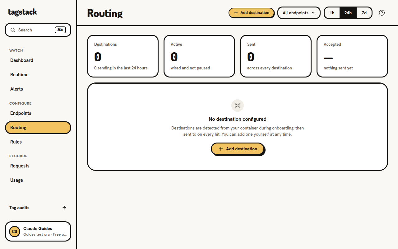 The Routing page of the Tagstack console with the Add destination button