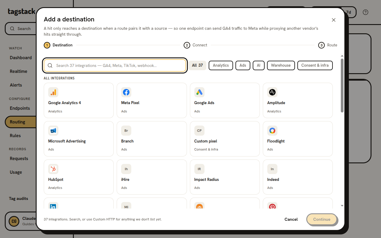 The Add a destination dialog listing integrations, with Google Analytics 4 first