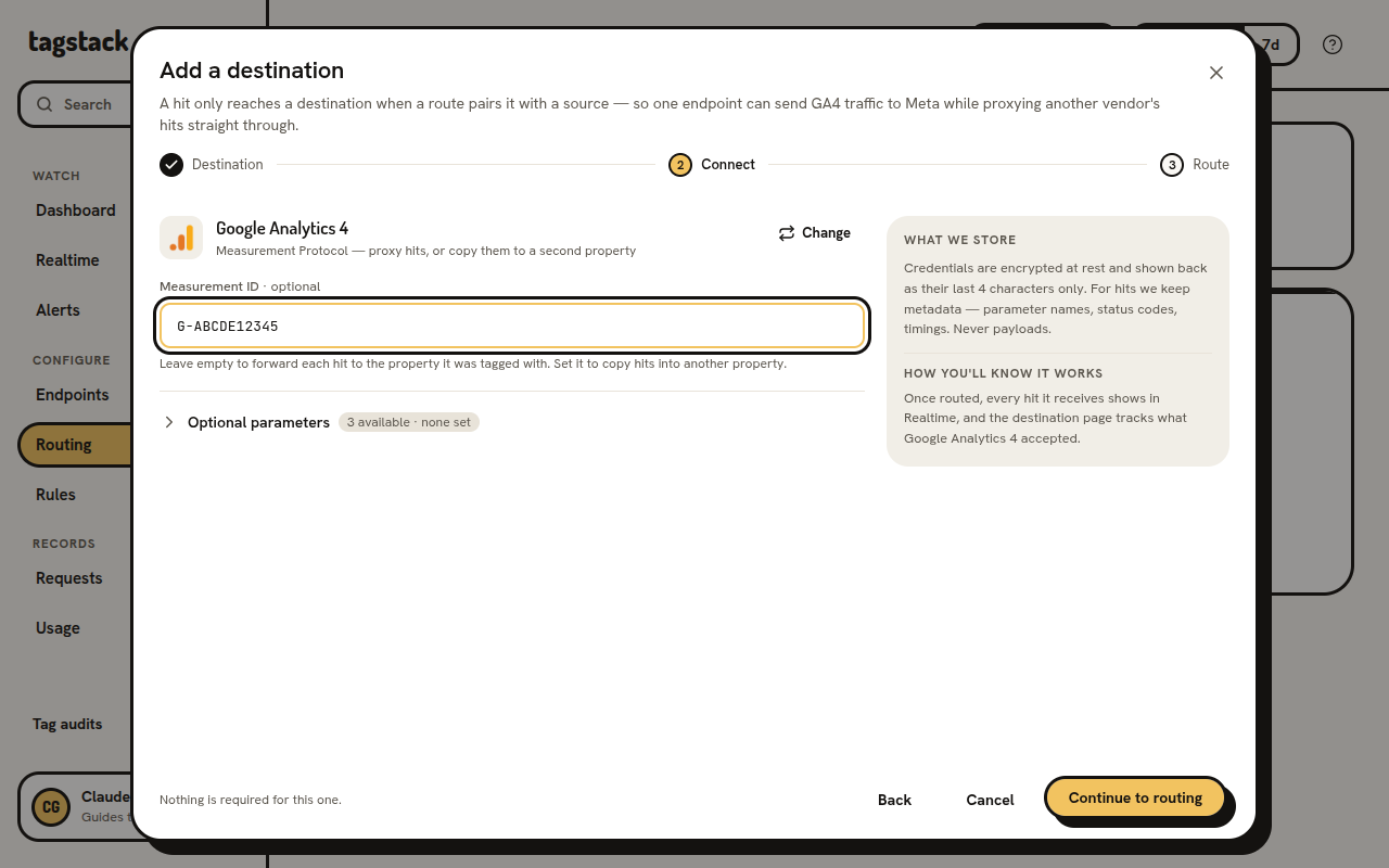 The Connect step with a GA4 Measurement ID typed in