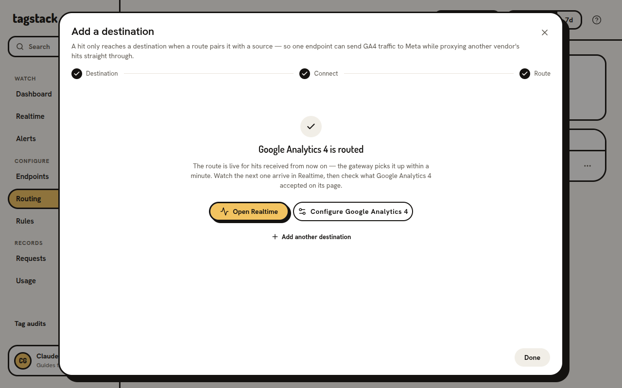 The confirmation that Google Analytics 4 is routed