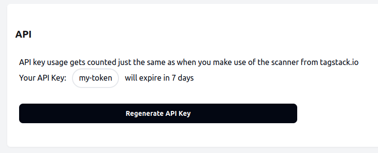 screenshot of an example profile page showing the button to generate the tagstack.io API token